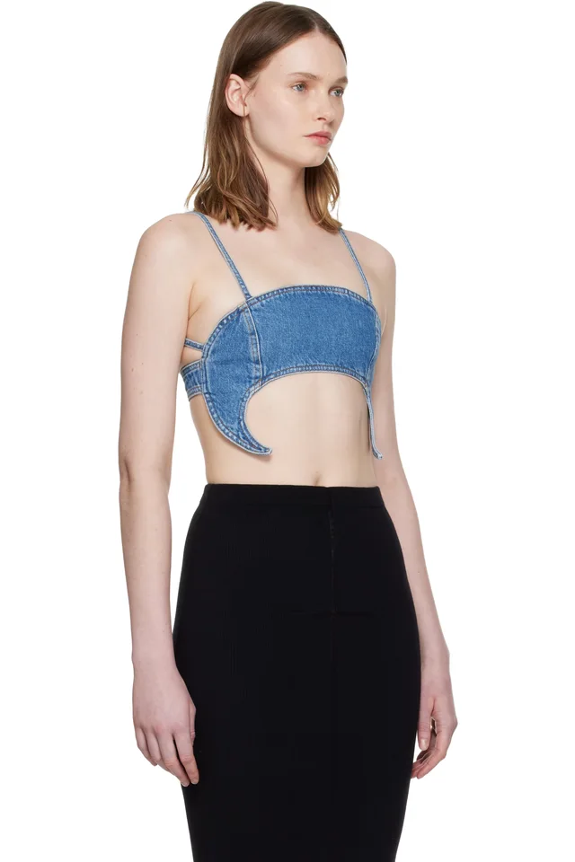 Marine Serre Blue Denim Moon Bra Top, photo 2 of 4 from SSENSE
