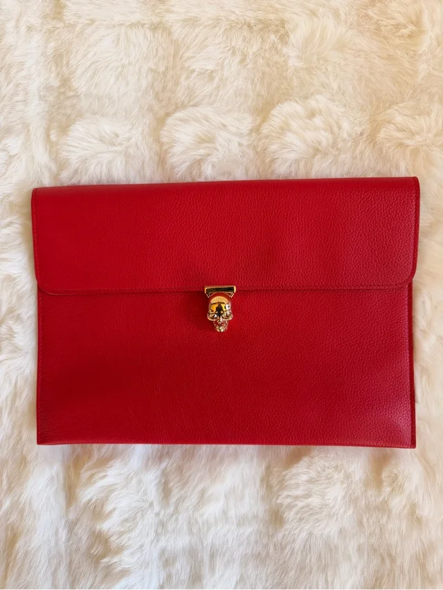 Alexander McQueen Pebbled Leather Skull Envelope Clutch Gold Crystal Pouch in red Leather from Poshmark