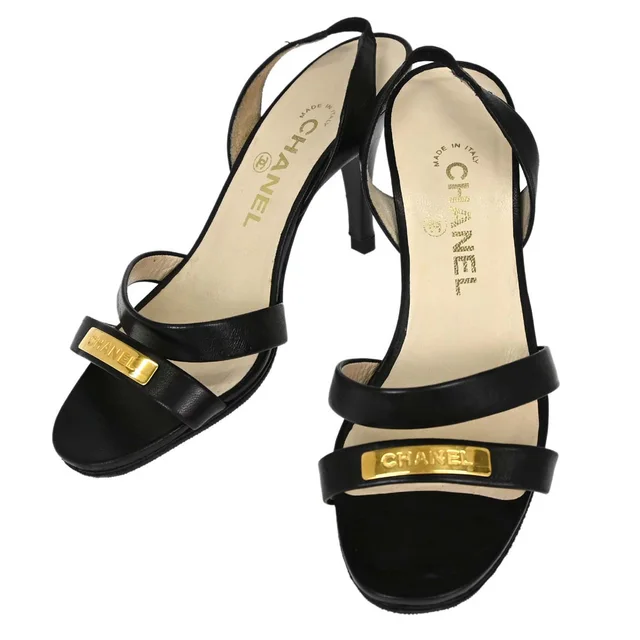 Chanel Black Leather Sandals Shoes #37 in Black Leather from AMORE Vintage Tokyo
