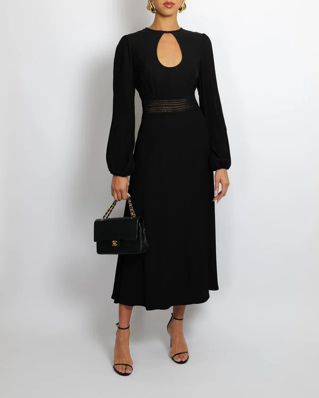Zimmermann Black Long-Sleeved Maxi Dress with Front Cut-Out and Net Waistband Detail Size 2 (UK 12) in Black from Sellier