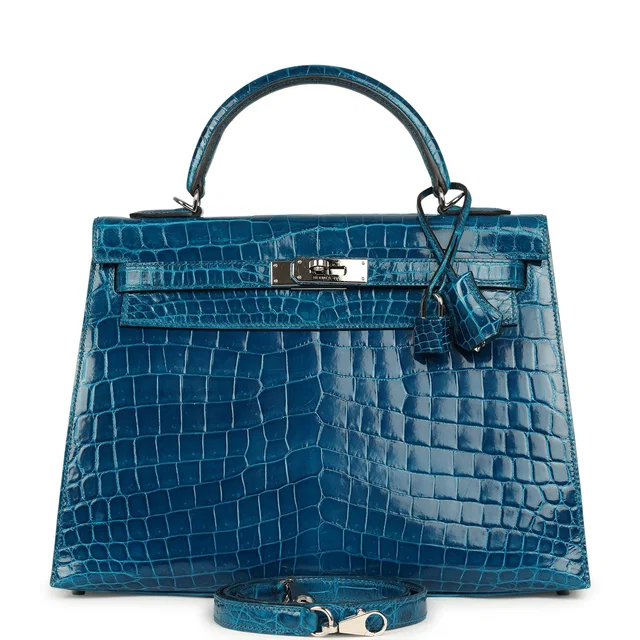 Hermès Kelly Sellier 32 Bleu Izmir Shiny Niloticus Crocodile Palladium Hardware in Blue Crocodile from Madison Avenue Couture