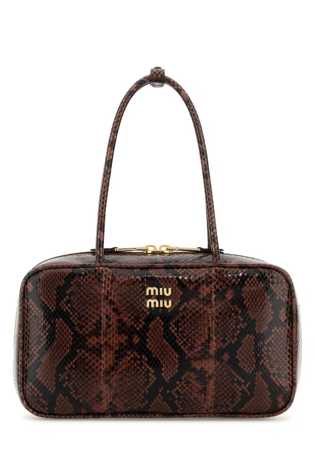 Miu Miu Python-Print Leather Shoulder Bag — Brown Homalopsisbuccata in Brown Python from HEWI
