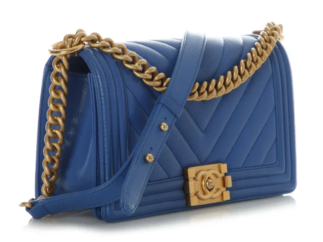 Chanel Old Medium Cobalt Blue Chevron-Quilted Caviar Boy Bag in Blue Caviar leather from Ann's Fabulous Finds, photo 6 of 10