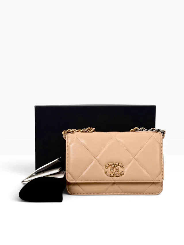 Chanel 19 Beige Wallet On Chain Bag in Lambskin - Full Set in Beige Lambskin from Luxury Promise