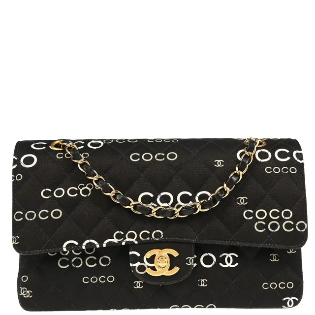 Chanel 2001-2003 Black Canvas COCO Medium Classic Double Flap Shoulder Bag in Black Canvas from AMORE Vintage Tokyo
