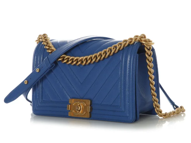 Chanel Old Medium Cobalt Blue Chevron-Quilted Caviar Boy Bag in Blue Caviar leather from Ann's Fabulous Finds, photo 4 of 10