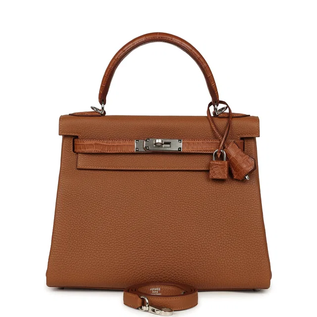 Hermès Kelly Retourne 28 Gold Togo and Matte Porosus Crocodile Touch Palladium Hardware in Gold Togo leather from Madison Avenue Couture