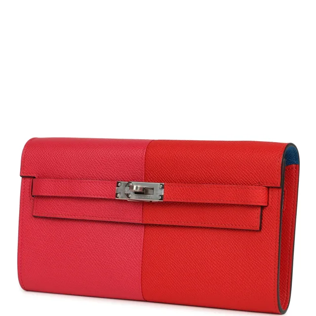 Hermès Kelly Wallet To Go Casaque Rouge De Coeur, Rose Extreme, Bleu Zanzibar Epsom Palladium Hardware in Red Epsom leather from Madison Avenue Couture, photo 5 of 9