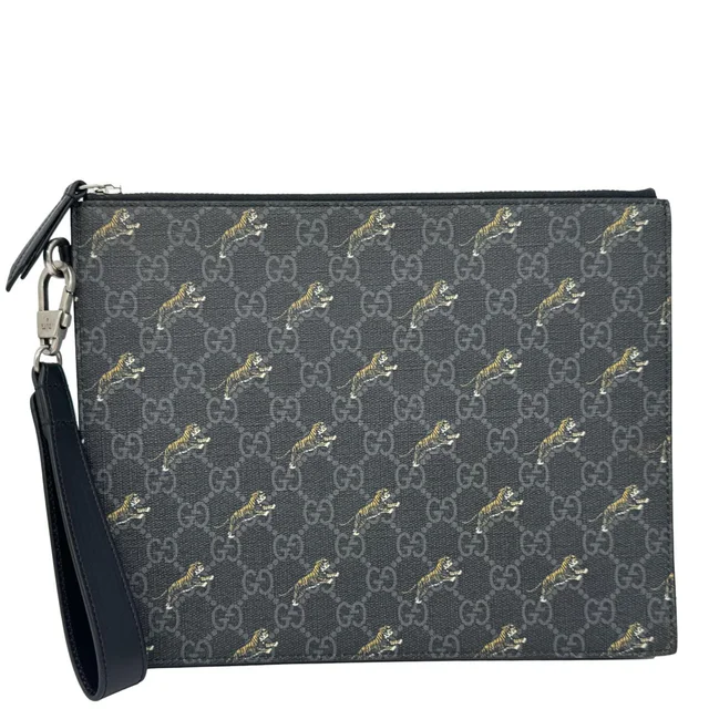 Gucci Tiger Print GG Supreme Canvas Clutch Bag Black 575136 in Black Canvas from Dallas Designer Handbags