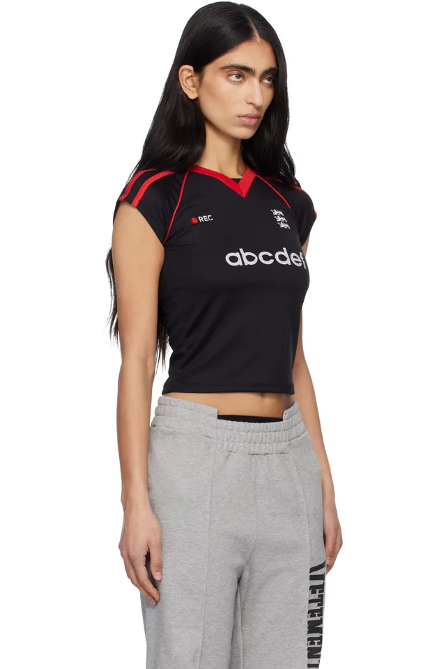 VETEMENTS Black & Red Alphabet Football Jersey T-shirt, photo 2 of 4 from SSENSE