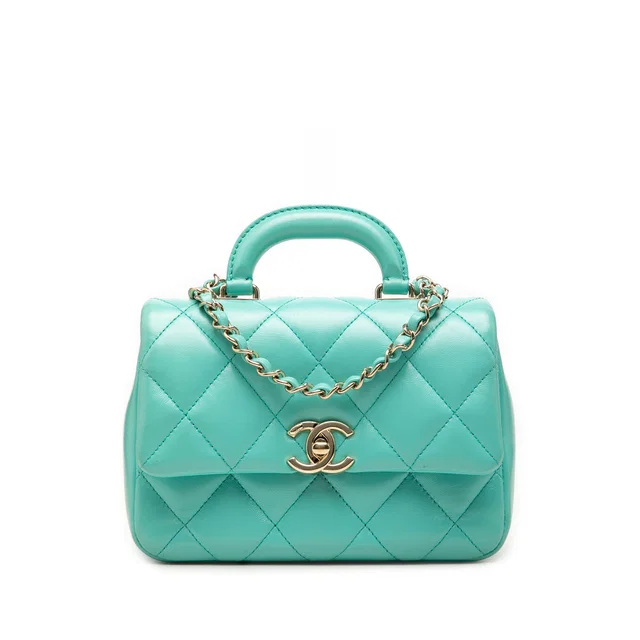 Blue Chanel Mini Quilted Shiny Lambskin Coco Trip Flap Satchel in Blue Lambskin from Designer Revival