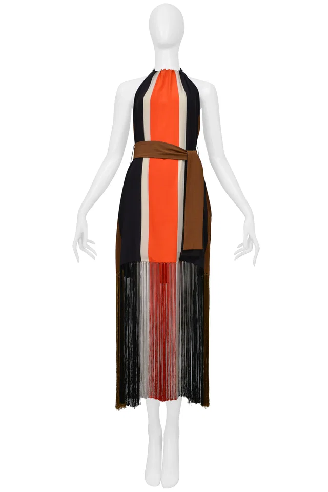 Fendi Red White Navy And Black Stripe Halter Dress With Fringe 2014 in Black Silk from Resurrection Vintage