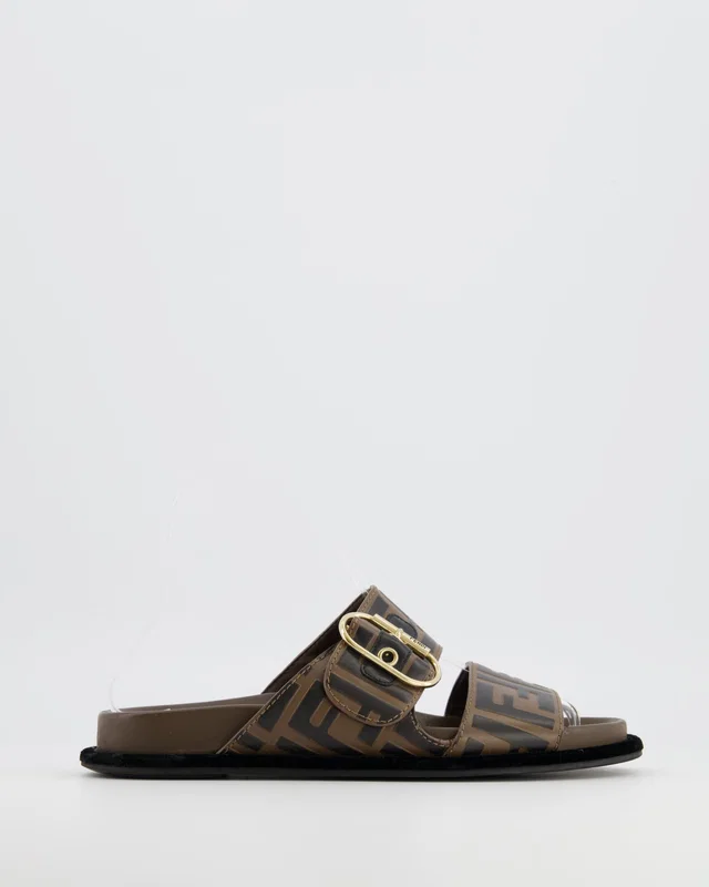 Fendi Brown FF Monogram Sandal with Velvet Trim & Gold Buckle Detail Size EU 36 in Brown Velvet from Sellier