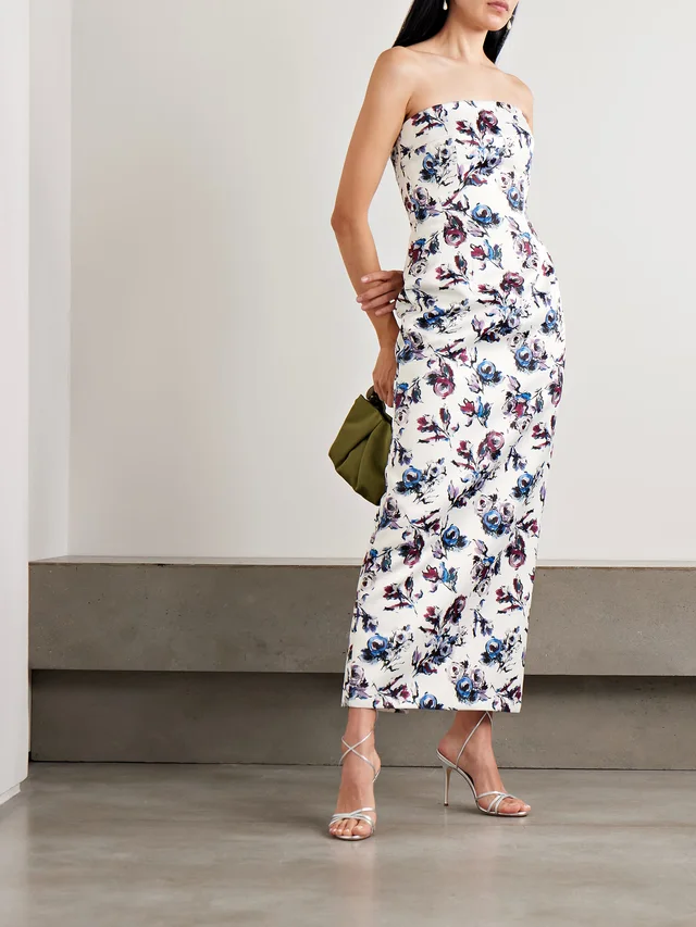 EMILIA WICKSTEAD Laelia Genzianella strapless floral-print duchesse-satin midi dress in White, photo 2 of 2 from NET-A-PORTER (Canada)