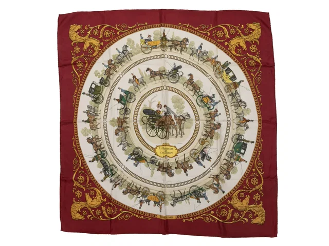 Hermès Burgundy & Multicolor La Promenade De Longchamps Motif Printed Silk Scarf in Burgundy Silk from Designer Revival