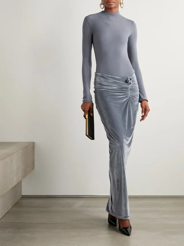 MAYGEL CORONEL Borelli appliquéd gathered open-back jersey-trimmed velvet maxi dress in Grey, photo 2 of 2 from NET-A-PORTER (Canada)