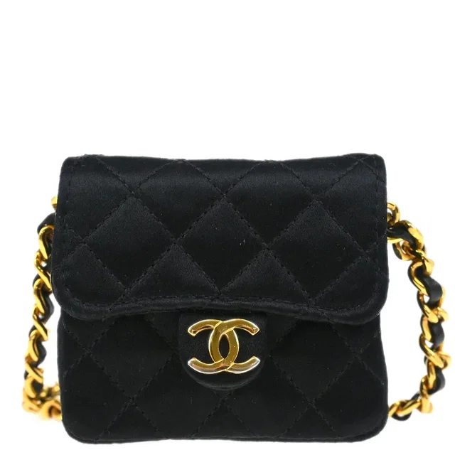 Chanel 1989-1991 Black Satin Classic Flap Micro Chain Shoulder Bag in Black Satin from AMORE Vintage Tokyo