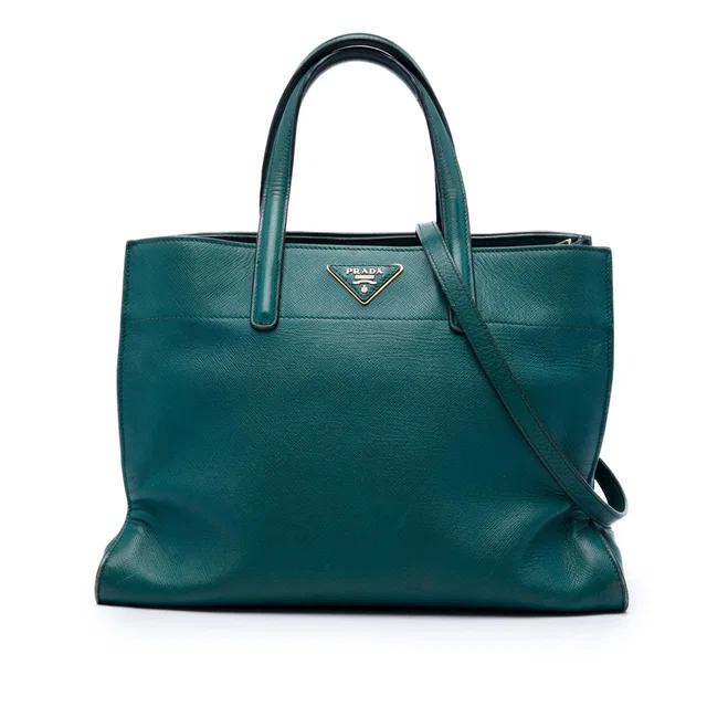 Blue Prada Saffiano Soft Triple Pocket Tote Satchel in Blue Saffiano leather from Designer Revival