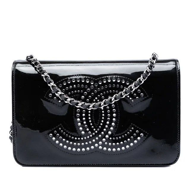 Black Chanel CC Patent Strass Embellished Wallet On Chain Crossbody Bag in Black Patent leather from Designer Revival