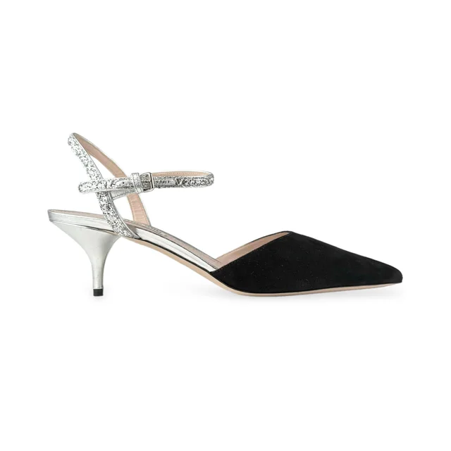 Miu Miu & Silver Glitter Point-Toe Pumps in Black Suede from Designer Archives