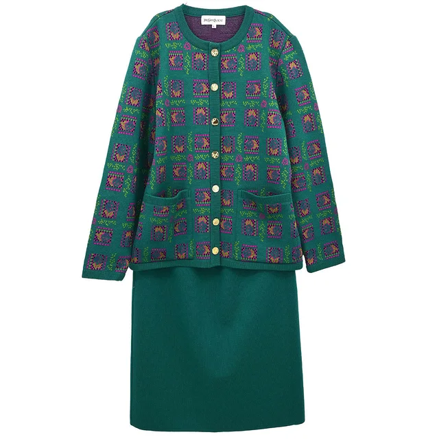 Saint Laurent Setup Suit Cardigan Skirt Green #L #36–38 in Green Wool from AMORE Vintage Tokyo