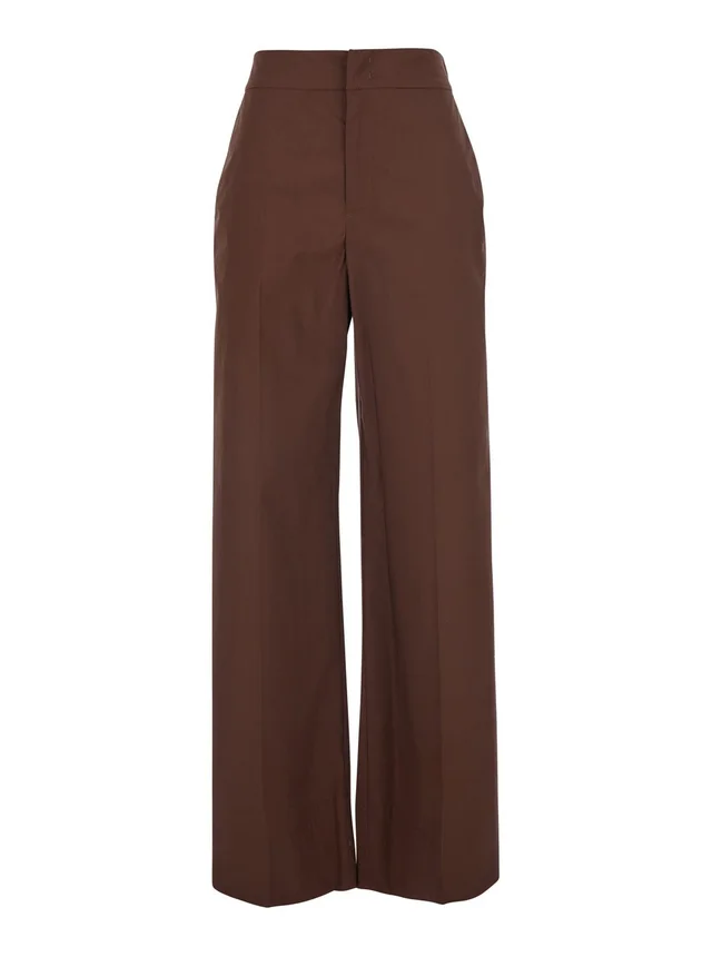 Twinset Brown Pants with logo plate on the back and wide leg in stretch cotton for women in Brown 98% Cotton 2% Elastane, photo 2 of 6 from Gaudenzi Boutique