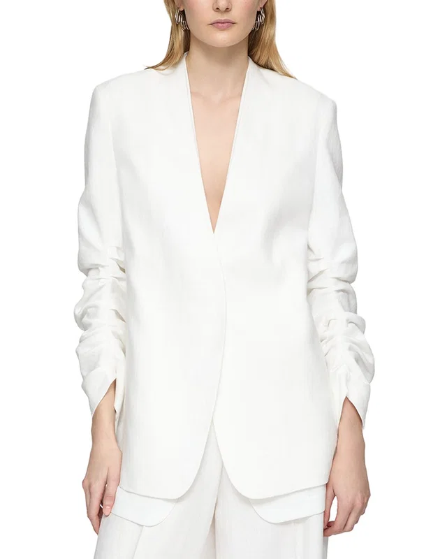 Lafayette 148 New York Petite V-Neck Ruched Sleeve Linen Blazer, image 1 of 1 from Rue La La