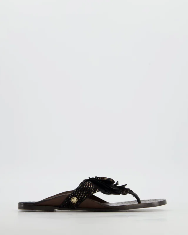 Chanel Black Metallic Suede Camellia Sandals Size EU 37 in Black Suede from Sellier