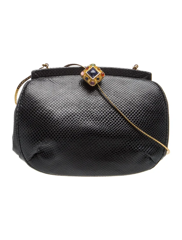 Judith Leiber Karung Clutch in black Satin from The RealReal