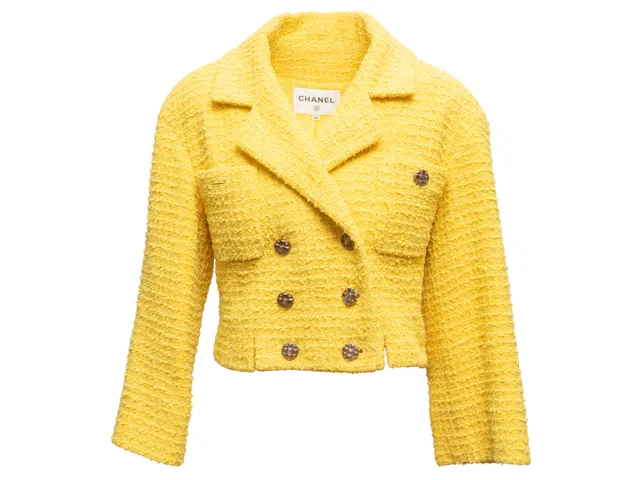 Yellow Chanel Cotton Tweed Double-Breasted Blazer Size FR 34 in Yellow Tweed from Designer Revival