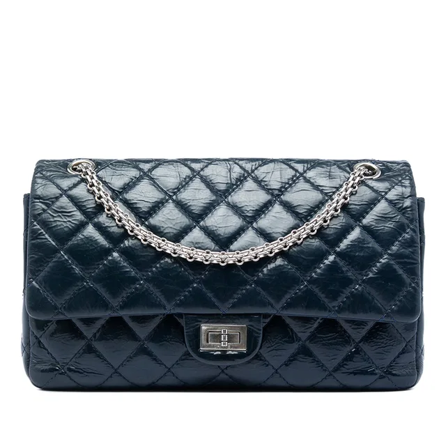 Blue Chanel Quilted Crinkled Patent Reissue 2.55 Double Flap 226 Crossbody Bag in Blue Patent leather from Designer Revival
