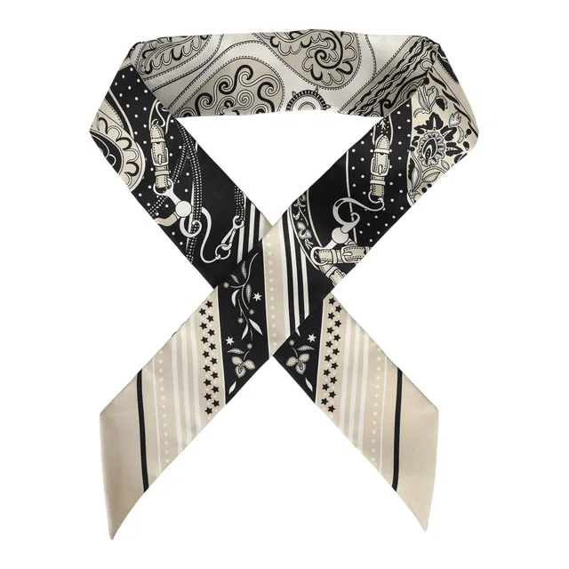 Hermès "Festival Des Amazones" Grege, Black, Blanc Silk Twilly in Black Silk from Madison Avenue Couture