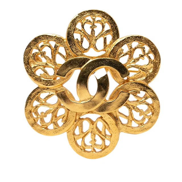 Gold Chanel CC Gold Plated Flower Brooch in Gold from Designer Revival