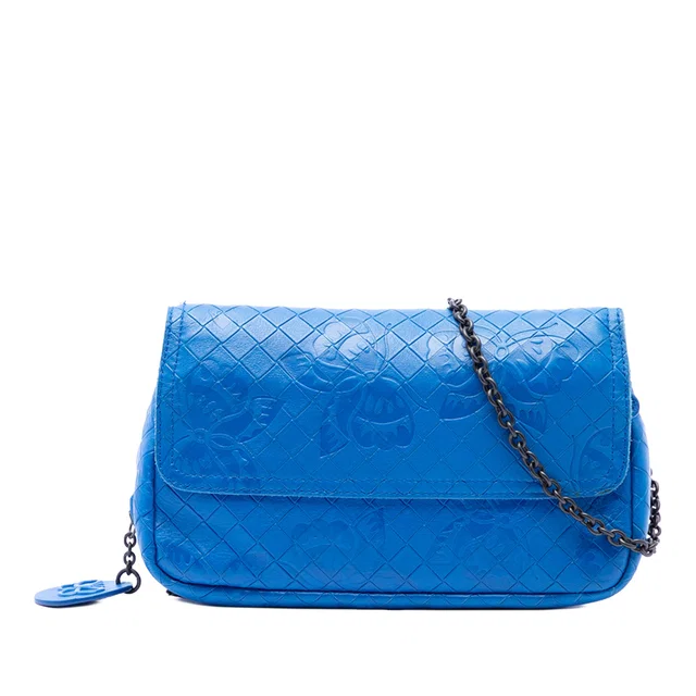 Blue Bottega Veneta Small Calfskin Intrecciomirage Embossed Butterfly Chain Crossbody in Blue Calfskin from Designer Revival