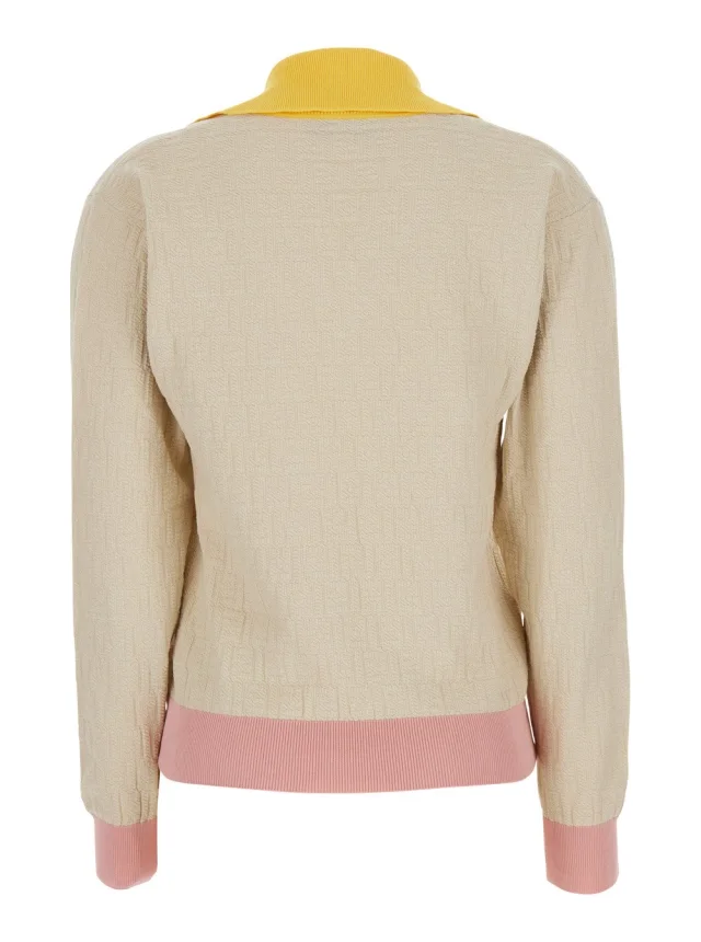 FENDI Beige Long-Sleeved Sweater with V-Neck and All-Over FF Motif in Cotton Women in Beige 100% Cotton, photo 3 of 6 from Gaudenzi Boutique