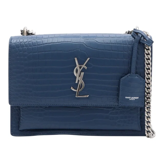 Saint Laurent Croco Embossed Sunset Shoulder Bag Navy in Navy Leather from VINTAGE QOO TOKYO