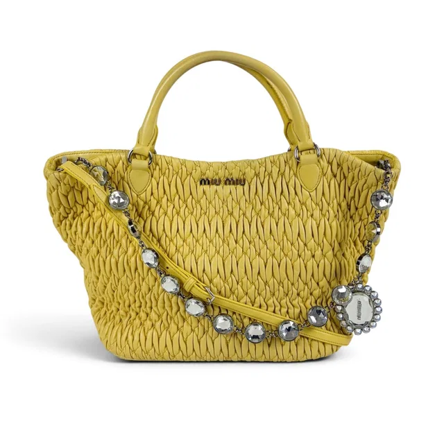 Miu Miu Matelasse Leather Nappa Crystal 2-Way Hand Tote in Nappa leather from The Reluxe
