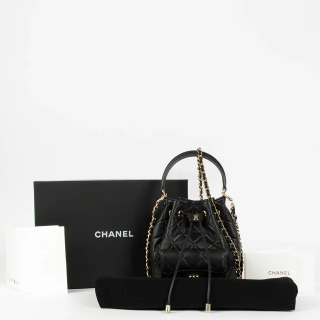 Chanel 26P Black Mini Bucket Bag With Chain in Black Leather from Labellov, photo 2 of 8
