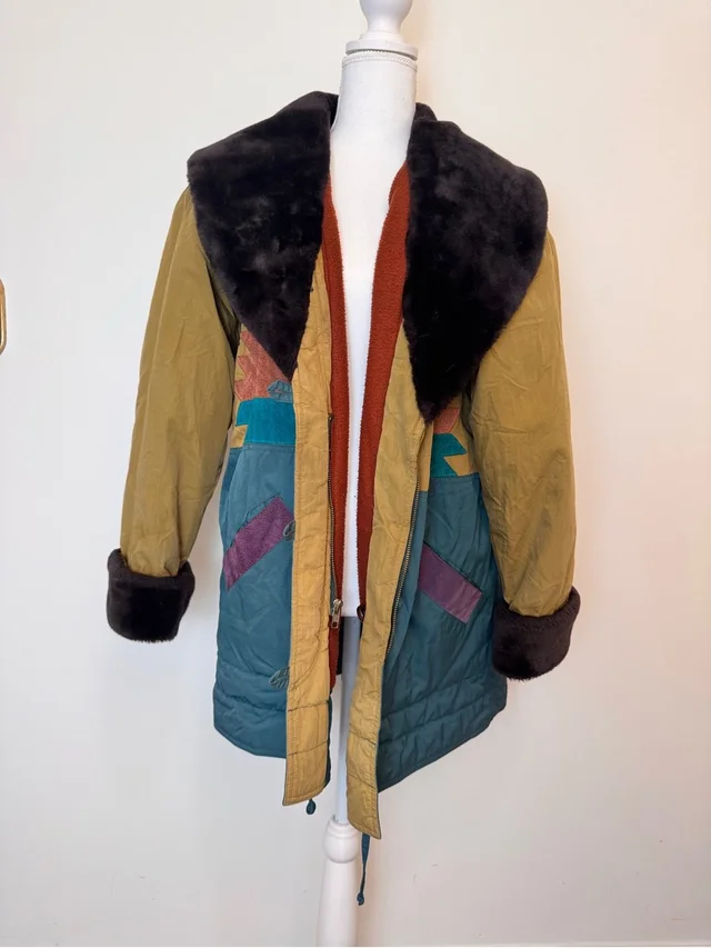 Mulberry Vintage Street Faux Fur Geometric Applique Coat S Colorblock in blue|green Nylon from Poshmark