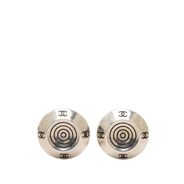 Silver Chanel CC Brass Target Round Clip On Earrings in Silver from Designer Revival