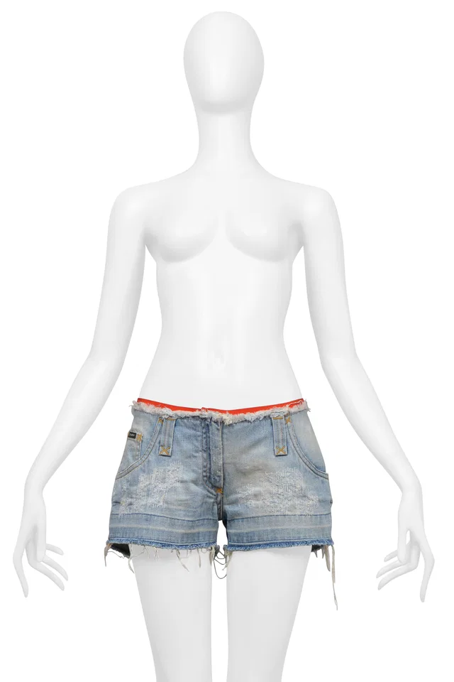 Dolce & Gabbana Distressed Denim Super Mini Shorts With Red Trim in Red Denim from Resurrection Vintage