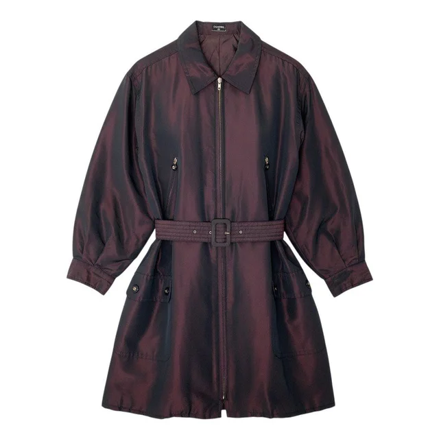 Chanel Cf9 Vintage Coco Buttons Silk Taffeta Coat CC Bordeaux in Burgundy Silk from The Reluxe