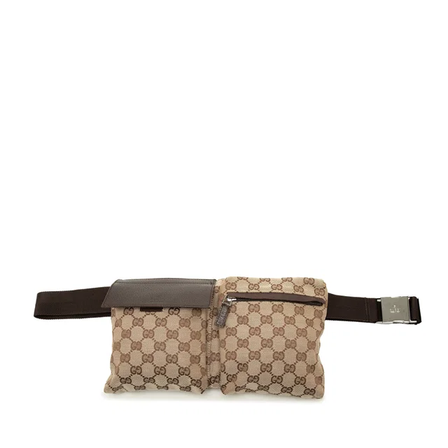 Beige Gucci GG Canvas Double Pocket Belt Bag in Beige Canvas from Designer Revival