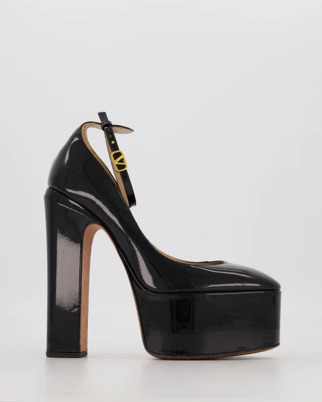Valentino Garavani Tan-Go Platform Pumps in Black Patent Leather with Gold Logo Detail Size EU 40 in Black Patent leather from Sellier