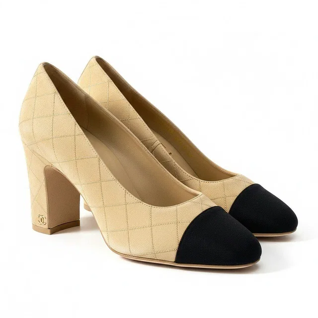 Chanel G1 Gold Rhinestone Quilted Chunky Heel Bicolor Pumps Beige in Beige from The Reluxe