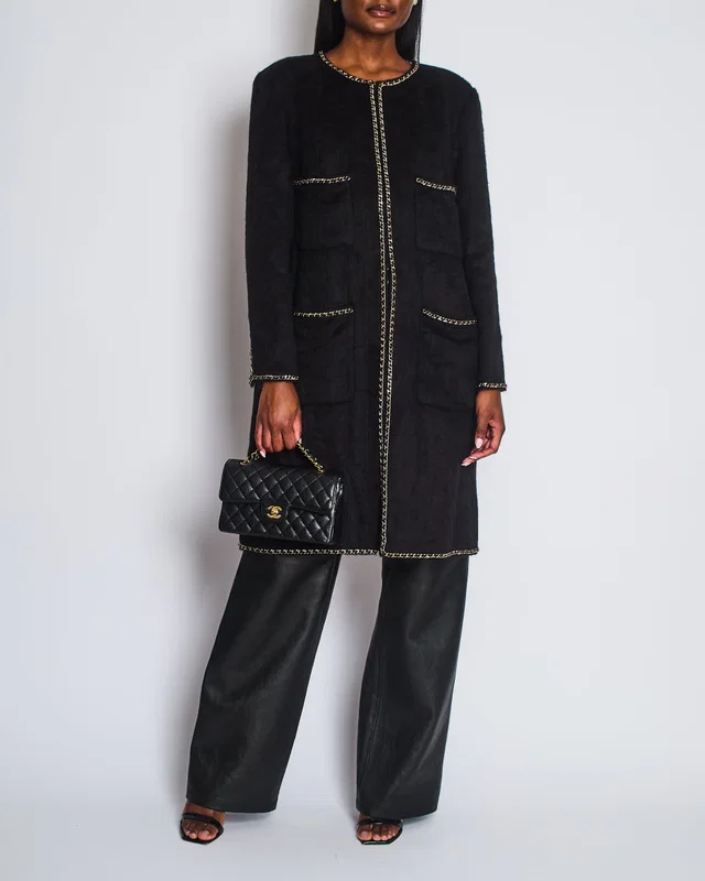HOT* Chanel 19A Black Llama & Wool Coat with Gold Chain Trim and CC Buttons Size FR 44 (UK 12) in Black Wool from Sellier
