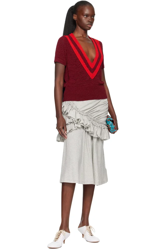 Dries Van Noten Burgundy V-Neck Knit Sweater, photo 4 of 4 from SSENSE