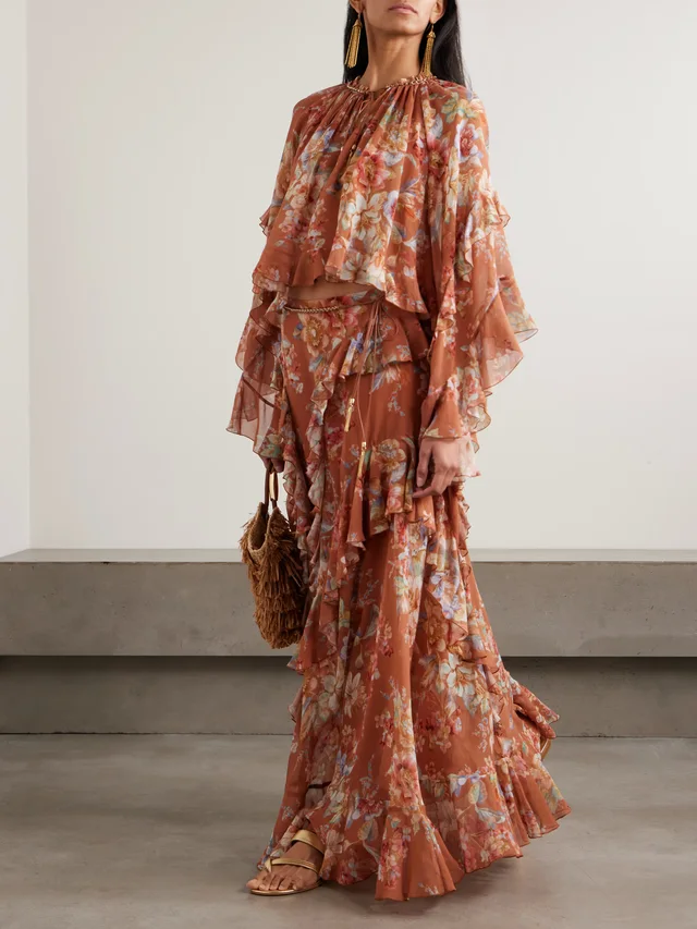 ZIMMERMANN Awaken belted ruffled floral-print cotton and silk-blend crepe de chine maxi skirt in Brown, photo 2 of 2 from NET-A-PORTER (Canada)