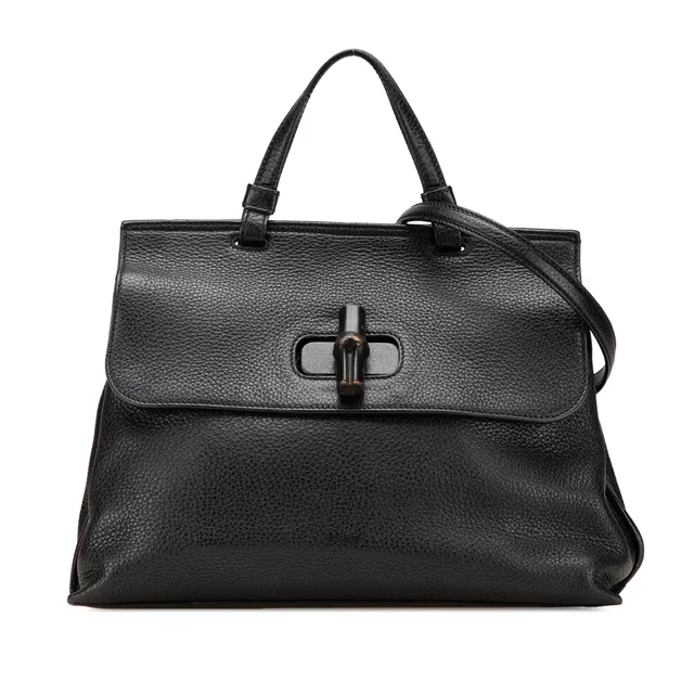 Black Gucci Medium Leather Bamboo Daily Satchel in Black Leather from Designer Revival