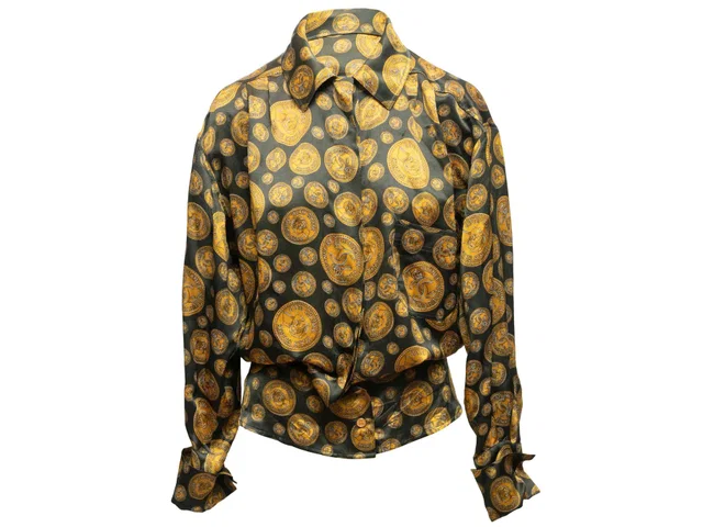 Vintage Black & Gold Chanel Boutique Coin Print Silk Blouse Size FR 38 in Black Silk from Designer Revival